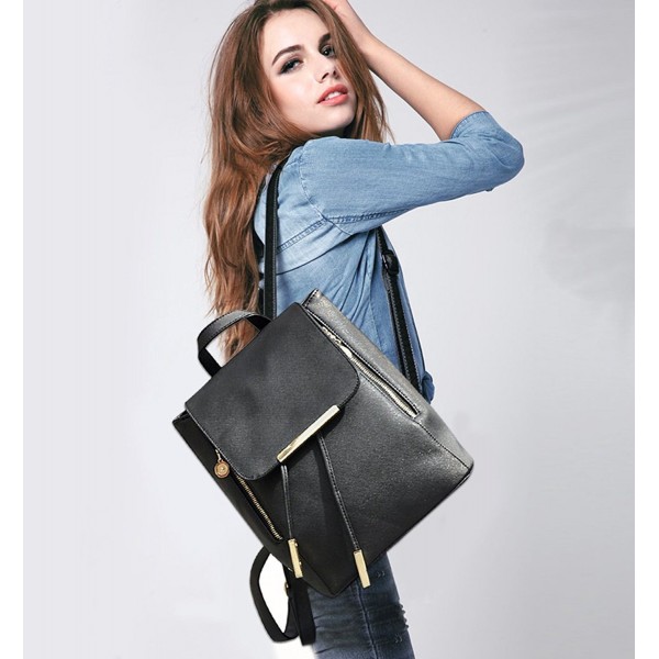 Black Leather Backpack for Girls Schoolbag Casual Daypack - Black ...