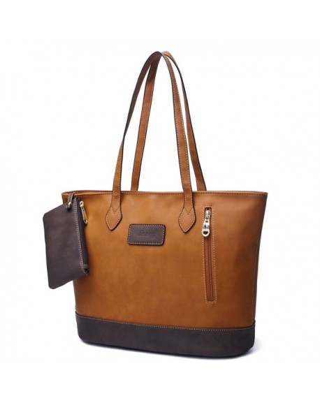 Women's PU Leather Tote Handbag Contrast Color Shoulder Bag - Brown ...